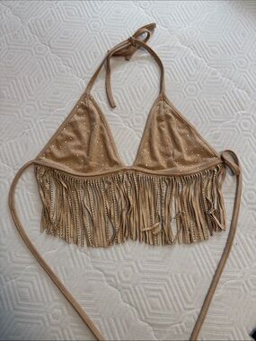 Windsor Tan Fringe Studded Suede-Look Crop Top